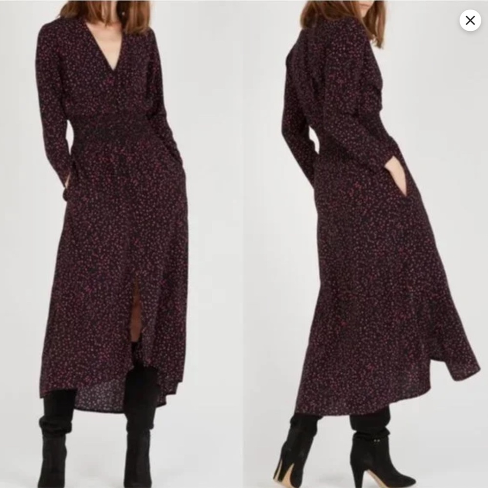 MAJE Rosila Black Pink Print Midi Maxi Dress Slits Pockets